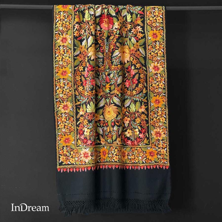 InDream アーリ刺繍ストール 黒 フラワー 大判 おしゃれ 着物ショール  クリスマス ギフト 誕生日 プレゼント 女性 60代 70代 | 