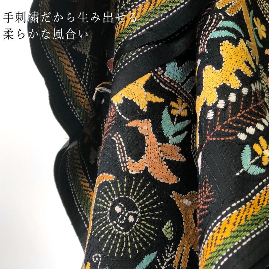 InDream カンタ刺繍ストール 52×200cm 刺し子 黒 動物柄 シルク インテリア   クリスマス ギフト 誕生日 プレゼント 50代 60代 70代 |  | 03