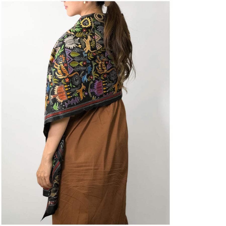 InDream カンタ刺繍ストール 52×200cm 刺し子 黒 動物柄 シルク インテリア   クリスマス ギフト 誕生日 プレゼント 50代 60代 70代 |  | 07