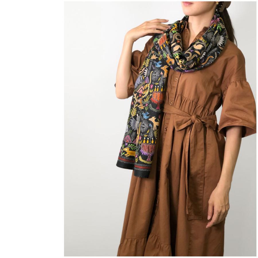 InDream カンタ刺繍ストール 52×200cm 刺し子 黒 動物柄 シルク インテリア   クリスマス ギフト 誕生日 プレゼント 50代 60代 70代 |  | 08