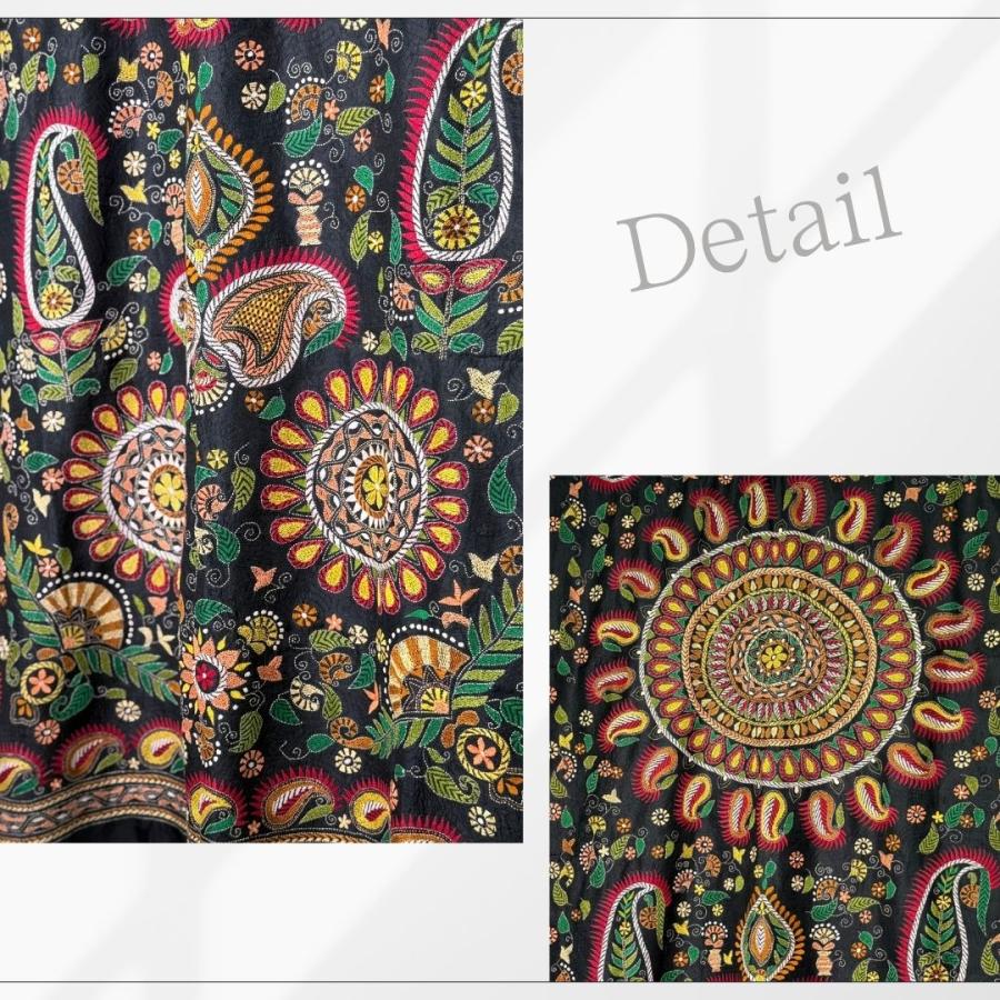 InDream カンタ 刺繍 ストール 一点もの スカーフ  Lサイズ スカーフ 大判 ブラック/レッド・グリーン シルク インド 刺し子 インテリア |  | 03