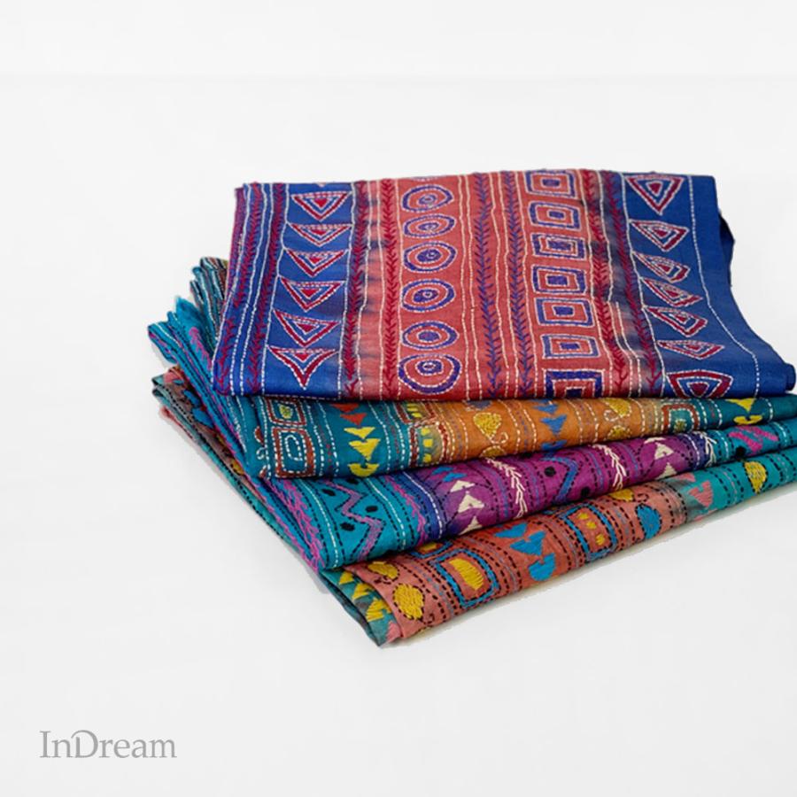 InDream カンタ 刺繍 ストール 50×190cm ブルー スカーフ シルク 刺し子 インテリア クリスマス ギフト 誕生日 プレゼント 女性 60代 70代 | 