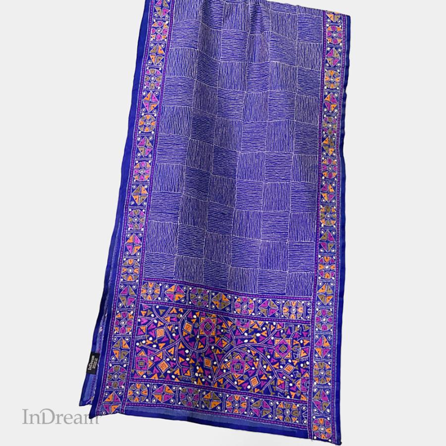 InDream カンタ 刺繍 ストール 約50×190cm ブルー スカーフ シルク 刺し子 インテリア  クリスマス ギフト 誕生日 プレゼント 女性 60代 70代 | 