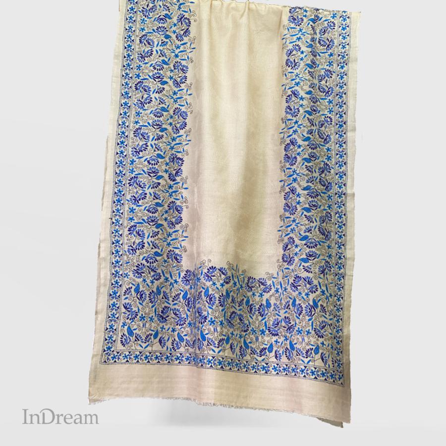 InDream カンタ 刺繍 ストール 約90×255cm ブルー ナチュラル スカーフ シルク 刺し子 インテリア  クリスマス ギフト 誕生日 プレゼント 女性 70代 | 