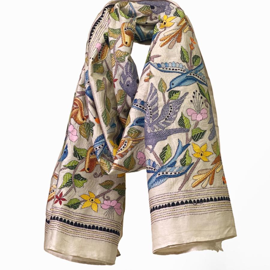 InDream カンタ 刺繍 ストール 約108×235cm ホワイト スカーフ シルク 刺し子 インテリア  クリスマス ギフト 誕生日 プレゼント 女性 60代 70代 |  | 07