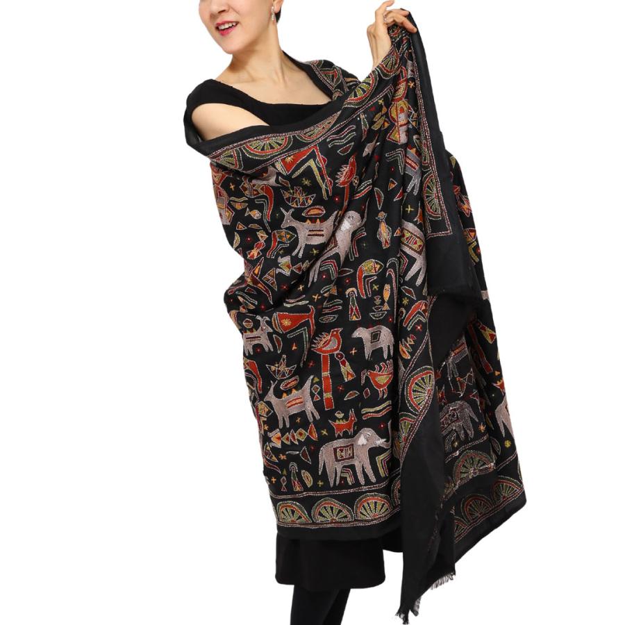 InDream カンタ 刺繍 ストール 約110×260cm ブラック スカーフ シルク 刺し子 インテリア  クリスマス ギフト 誕生日 プレゼント 女性 60代 70代 |  | 07