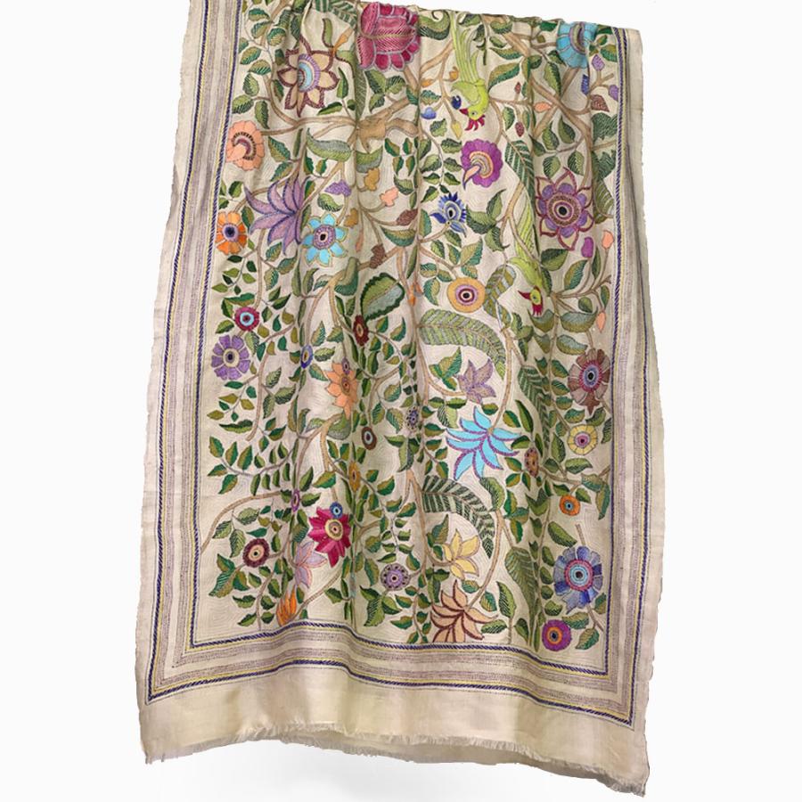 InDream カンタ 刺繍 ストール 約110×255cm ホワイト スカーフ シルク 刺し子 インテリア  クリスマス ギフト 誕生日 プレゼント 女性 60代 70代 | 