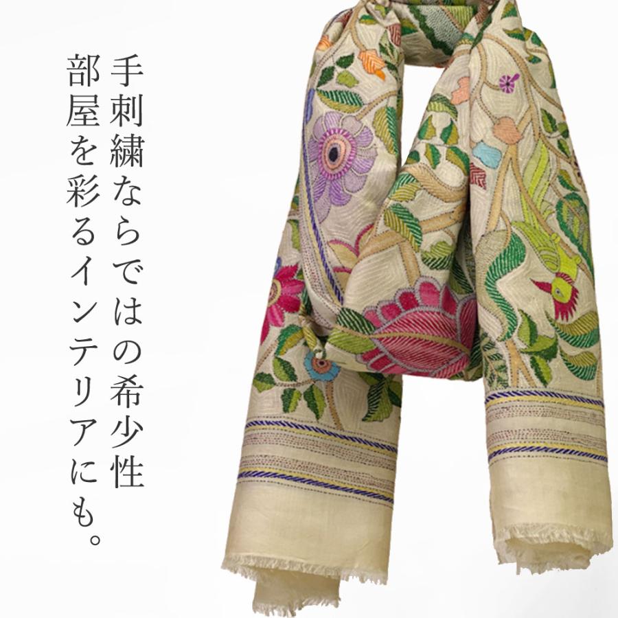InDream カンタ 刺繍 ストール 約110×255cm ホワイト スカーフ シルク 刺し子 インテリア  クリスマス ギフト 誕生日 プレゼント 女性 60代 70代 |  | 01