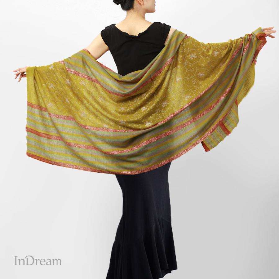 InDream ソズニ刺繍ストール パシュミナ 100cm巾 緑(グリーン)01 カシミヤ 着物ショール 結婚式  クリスマス ギフト 誕生日 プレゼント 女性 60代 70代 | 