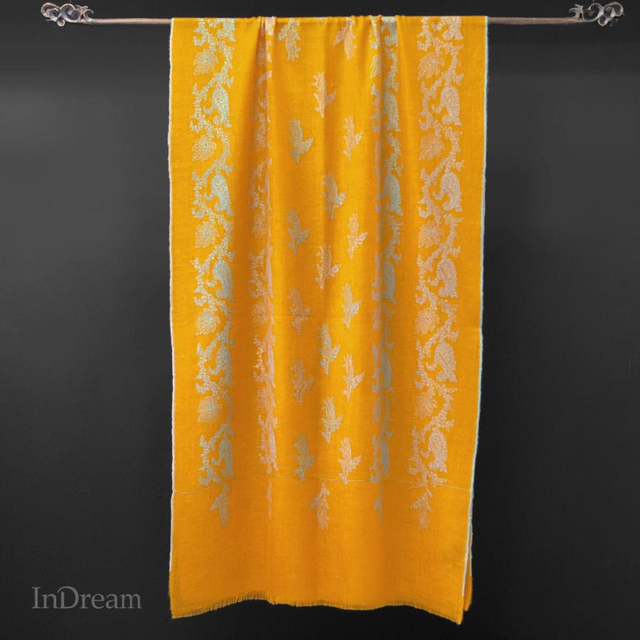 InDream ソズニ刺繍ストール パシュミナ 65cm巾 イエロー ブルー カシミヤ カシミール 着物ショール 結婚式  クリスマス ギフト 誕生日 プレゼント 女性 60代 | 