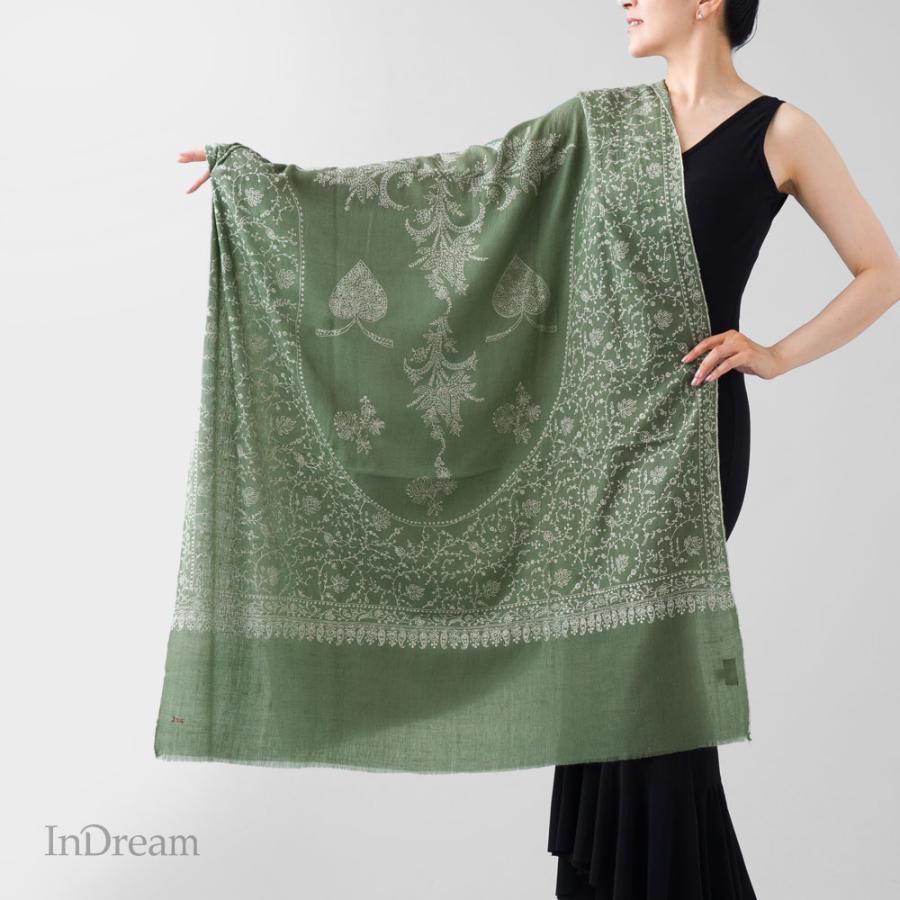 InDream ソズニ刺繍ストール パシュミナ 100cm巾 緑(グリーン)02 カシミヤ カシミール 着物ショール 結婚式  クリスマス ギフト 誕生日 プレゼント 女性 60代 | 