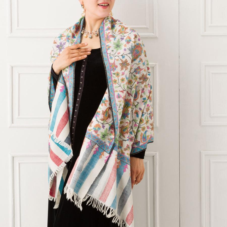 手織りパシュミナショール(カニジャマワール) 白地総柄 カシミヤ100% 着物ショール 結婚式  クリスマス ギフト 誕生日 プレゼント 女性 60代 70代 |  | 06