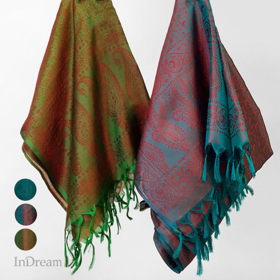 InDream ペイズリー柄 シルク スカーフ おしゃれ ストール 手織り グリーン    クリスマス ギフト 誕生日 プレゼント 女性 60代 70代 | 