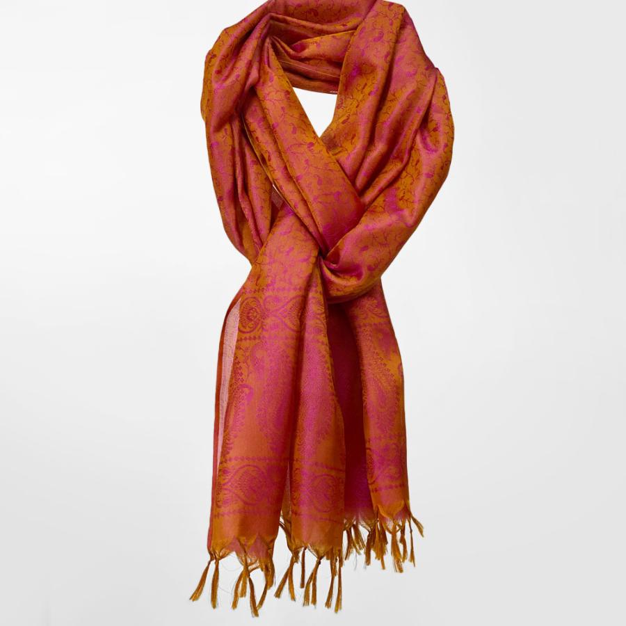 InDream ペイズリー柄シルクスカーフ おしゃれ ストール 手織り オレンジ オーカー   クリスマス ギフト 誕生日 プレゼント 女性 60代 70代 |  | 05