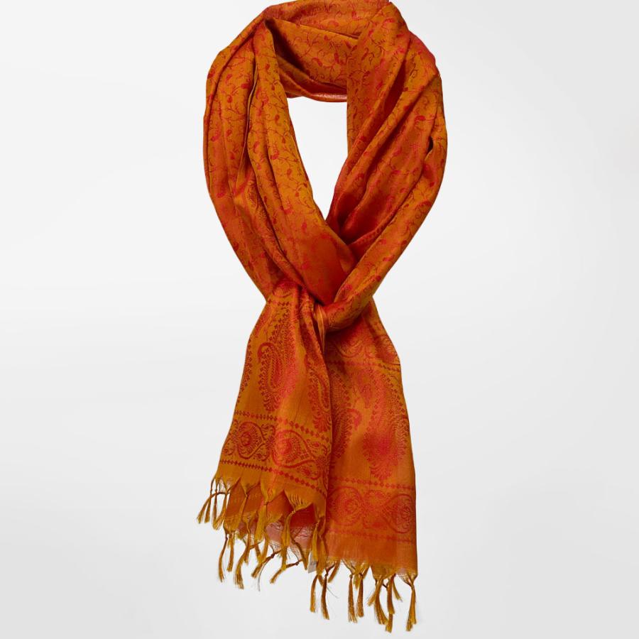 InDream ペイズリー柄シルクスカーフ おしゃれ ストール 手織り オレンジ オーカー   クリスマス ギフト 誕生日 プレゼント 女性 60代 70代 |  | 07