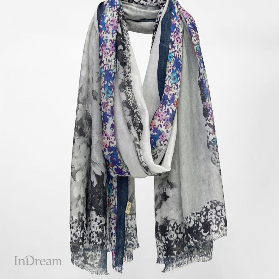 PASHMA パシュマ ストール シルクカシミヤ プリント マフラ ブルー グレー    クリスマス ギフト 誕生日 プレゼント 女性 60代 70代 | PASHMA