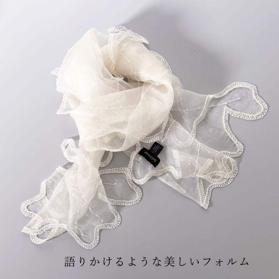 InDream シルク オーガンジー ストール  白 ナチュラルホワイト ウェーブカット 刺繍 スカーフ 結婚式 パーティー  誕生日 プレゼント ク |  | 01