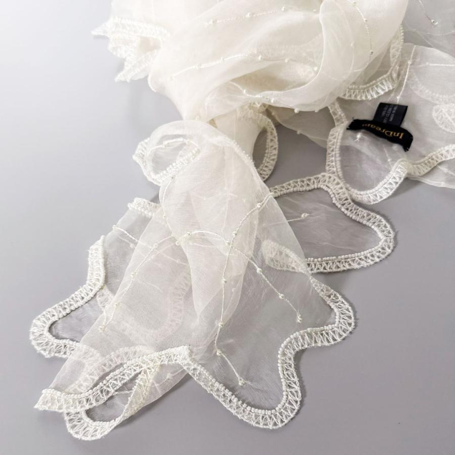 InDream シルク オーガンジー ストール  白 ナチュラルホワイト ウェーブカット 刺繍 スカーフ 結婚式 パーティー  誕生日 プレゼント ク |  | 03