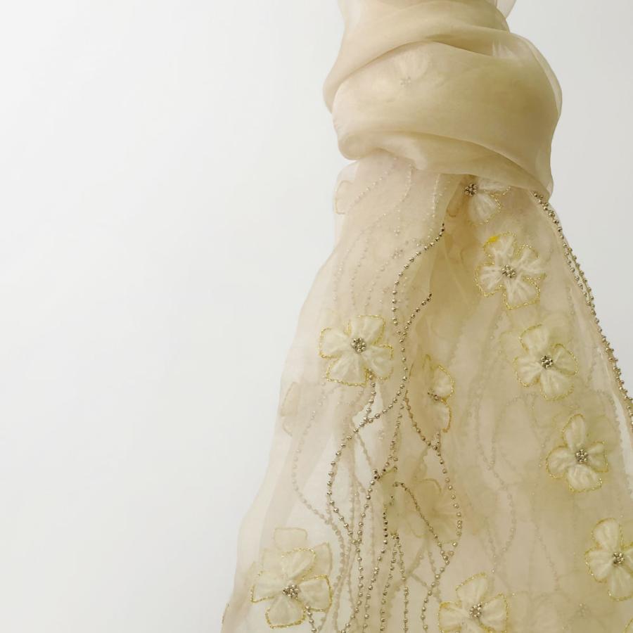 InDream ストール パーティー 結婚式 刺繍 シルク オーガンジー ベージュ 毛糸小花 クリスマス ギフト 誕生日 プレゼント 50代 60代 70代_1