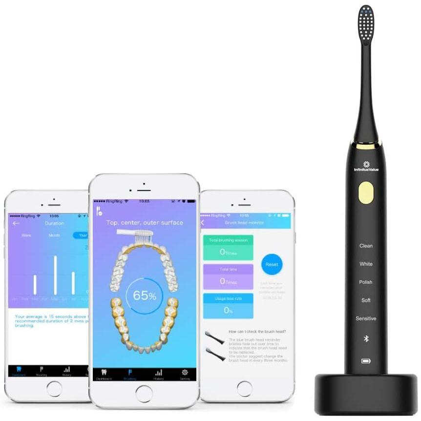 InfinitusValue インフィニタスバリュー アプリ連動 スマートトラッキング電動歯ブラシ 超音波ブラシ 歯垢除去 ブラック IVHB01B | 