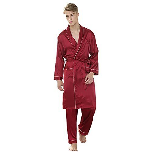 割引価格 Bathrobes Lightweight Silky Kimono Set Robe Satin Men's Wowcarbazole Set (Red-L)並行輸入品 Pants Pajamas or Shorts With バスローブ