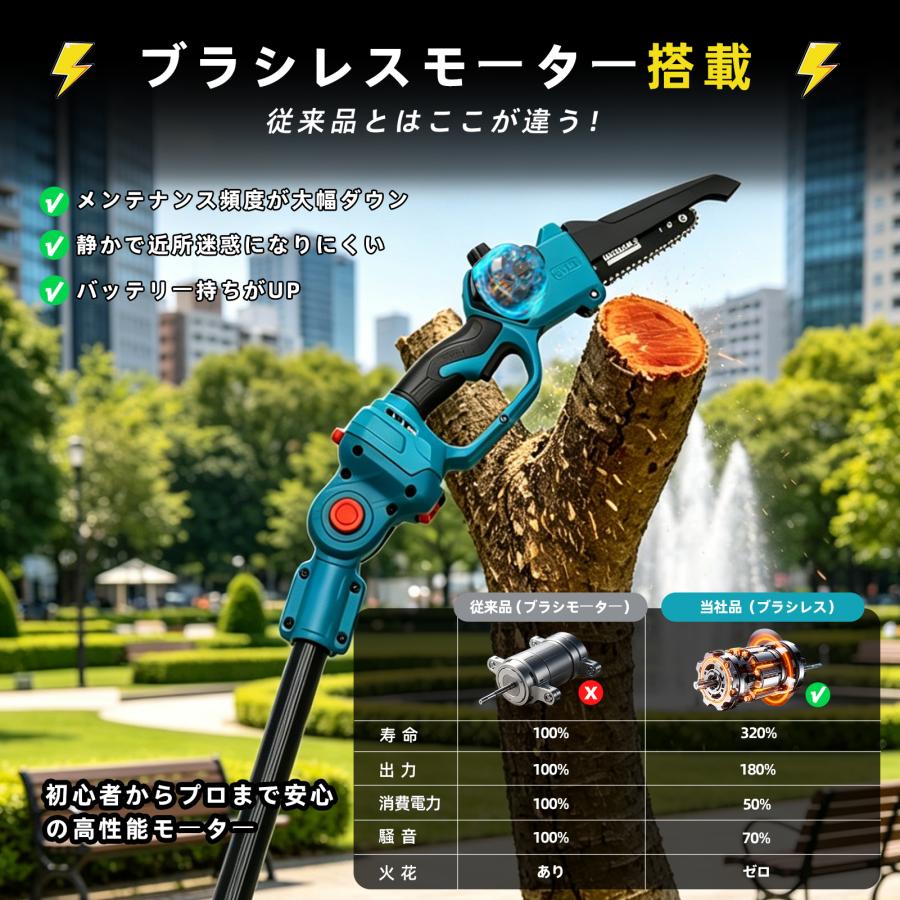 チェーンソー 高枝チェーンソー 延長ポール 1in2 電動 2点セット 最長