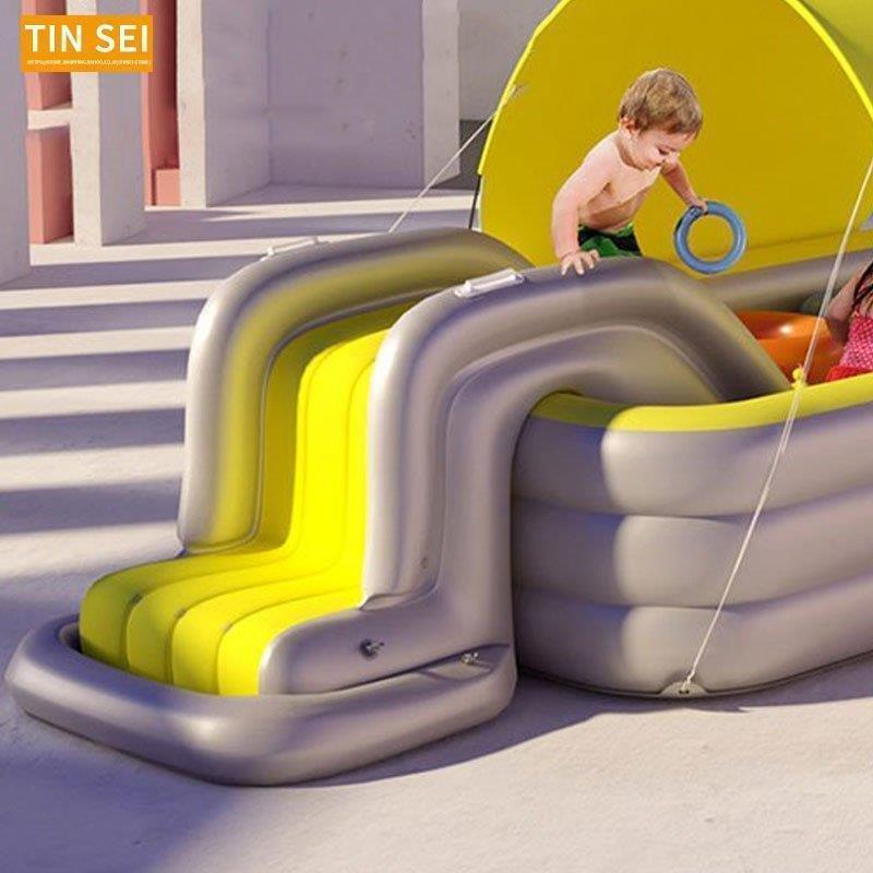 最新 プール すべり台付き 大型 家庭用 電動ポンプ付き 滑り台付き ビニールプール 屋根付き シェード付き スライダー 大きい 2.1m 子供 水遊び 【U2307164640】(11840円)