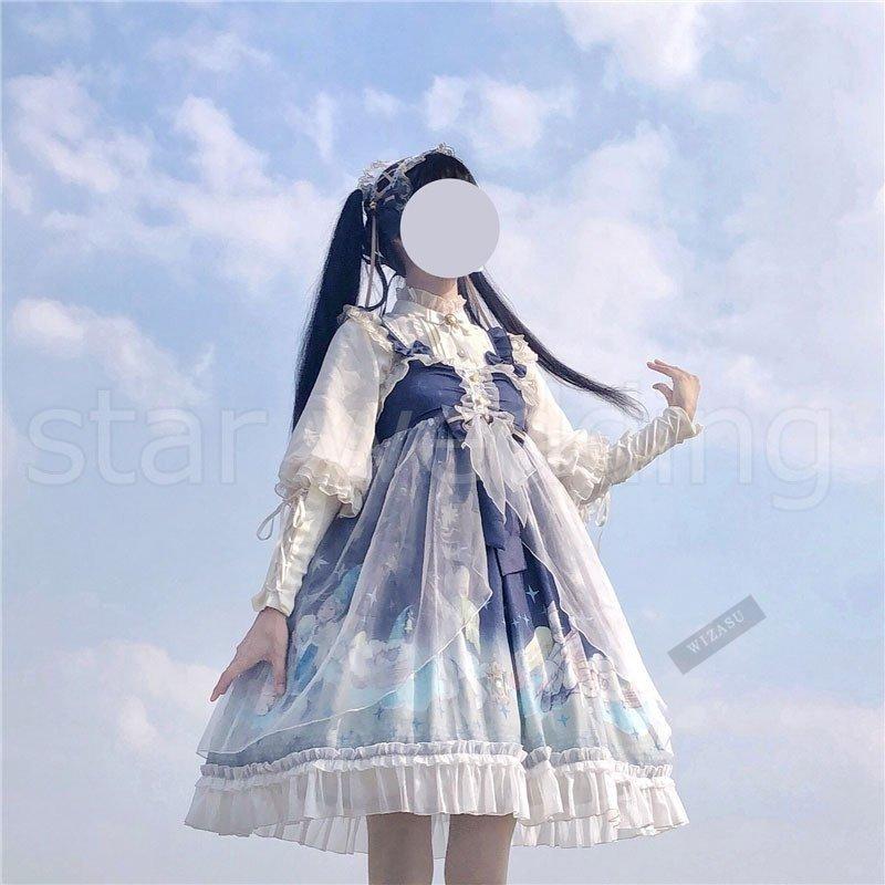 ロリータ服 ロリータファッション Lolita ワンピース ヘッドドレス 星の王子さま 吊りスカート ロリータファッション ヘッドドレス かわいい 膝丈 可愛い 可愛い 日常 女の子 夏 紺色 Infit P フリル ドレス Store2 セール パリ