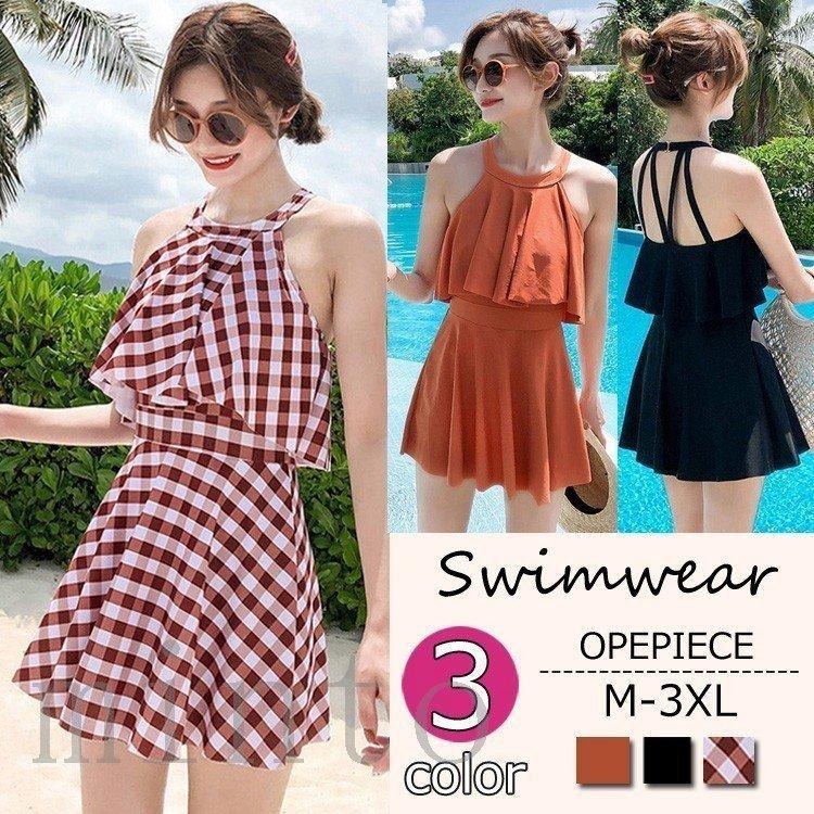 水着レディース 体型カバー 水着 ワンピース型 ショートパンツサロペット水着 チェック柄 ファッション ママ水着 フレア 水着 ワンピース型 韓国風 ママ水着 40代 Pc 大きいサイズ Store2 スイムウェア 可愛い Infit 廉価