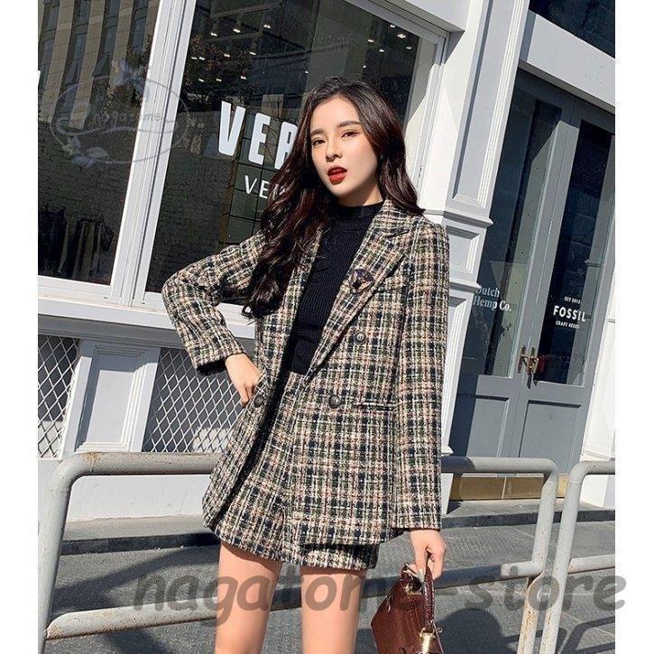 本物 韓国 カジュアル レディース セットアップ ショートパンツ ジャケット ツイード風 おしゃれ 大きいサイズ スーツ テーラードジャケット チェック柄 セットアップ サイズ S Iceenergy Nl