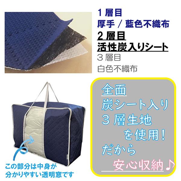 布団収納袋 2枚組 羽毛シングル - ダブル用 収納ケース 藍色 全面炭シート入り かさばる羽毛布団をスッキリ コンパクト 立てて収納もOK 通気性抜群 不織布製｜iniko｜03