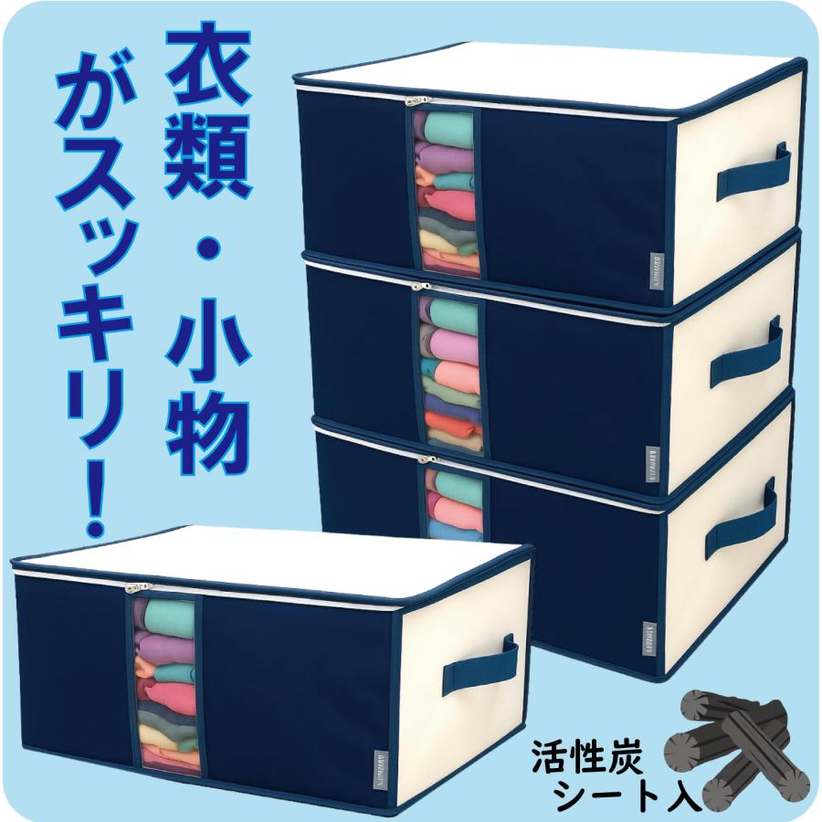 衣類 収納袋 4枚組 前面 活性炭シート入 衣装ケース 収納ケース 通気性の良い 厚手 不織布製 大切な衣類や小物を安心保管 持ち手 透明窓付 折りたためる 軽量（Yahoo!・収納用品・雑貨 イニコライフ）