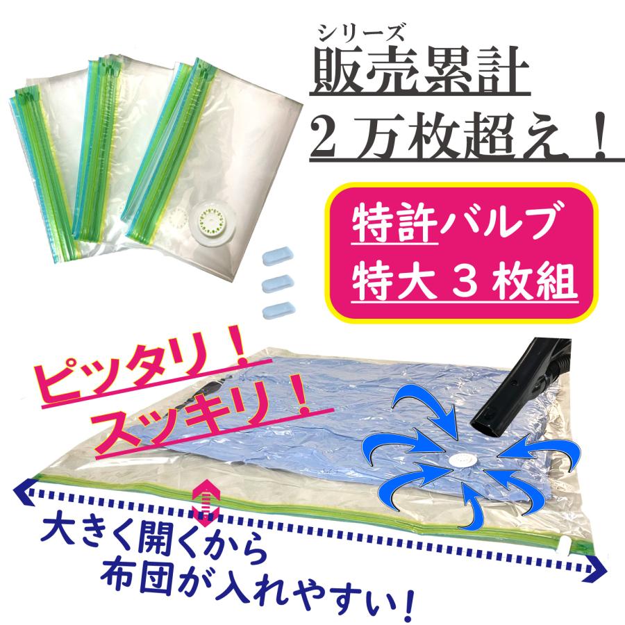 圧縮袋 布団用 3枚組 掛け布団 毛布用 110x100cm 収納 ふとん 掃除機 特許 バルブ ダブルファスナー付き カンタン圧縮 空気が逆戻りしにくい 繰り返し使える｜iniko