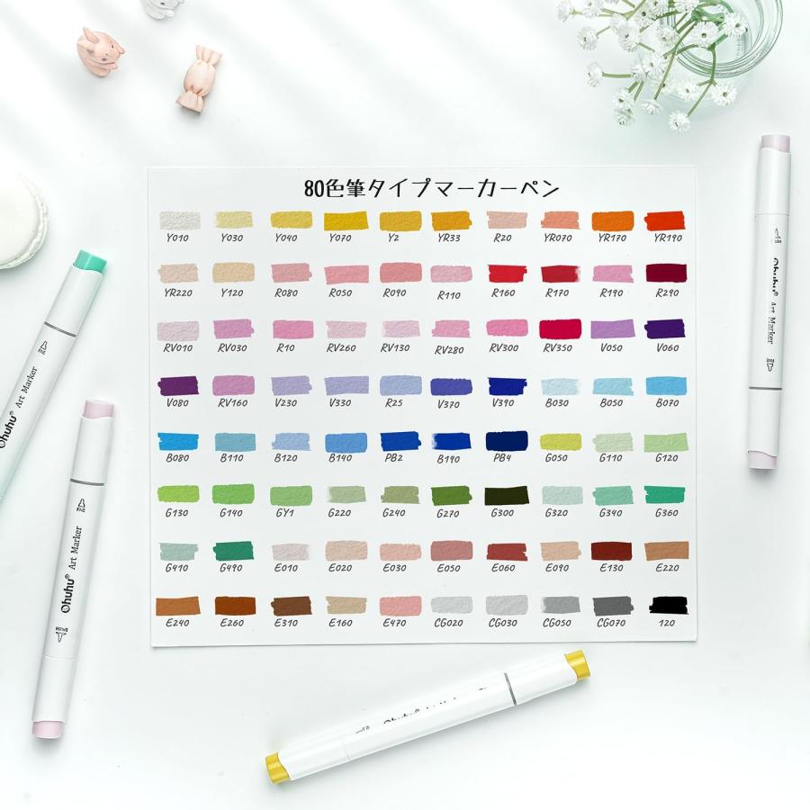 Ohuhu イラストマーカー 筆タイプ 80色81本 プロ愛用 薄色 筆・細字