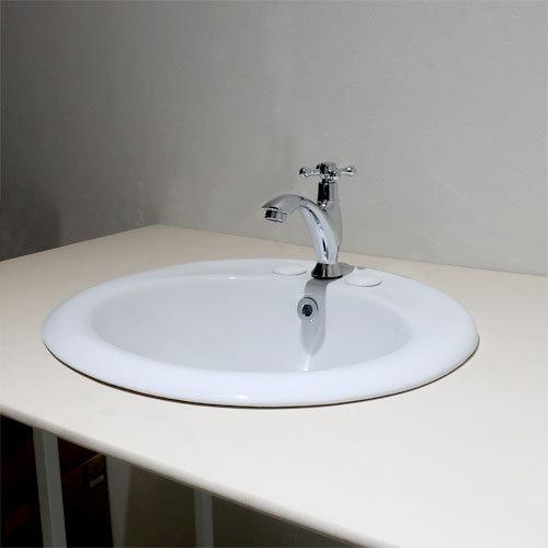 アウトレット【4インチ水栓が取り付け出来ないため】 洗面ボウル 陶器 丸型 埋め込み オーバーフロー有り 単水栓セット W475×D415×H190 | 品番INK-0401029HO