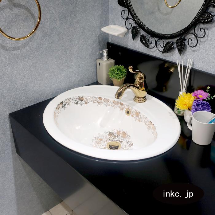 金花柄の陶器洗面ボウル(埋め込み型・オーバーフロー有) W570×D480