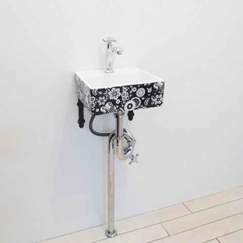 洗面ボウルセット お得 壁付け 陶器 花柄 白黒 モノクロ W300×D290 | 【Eセット74】