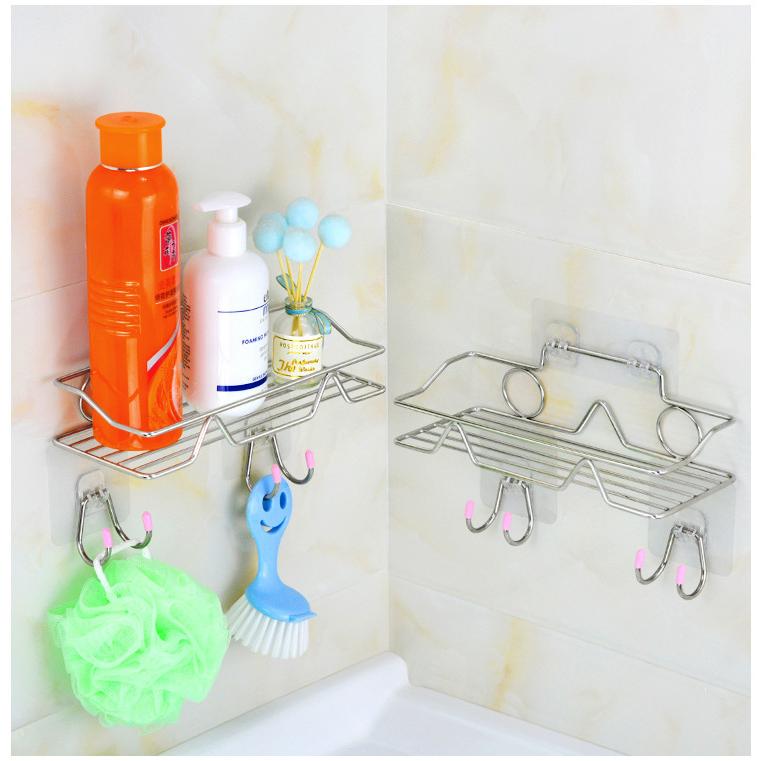バスルーム 収納 ステンレス製 浴室ラック 粘着 お風呂 収納 バスルームラック キッチン収納 洗面所ラック 調味料ラック タオル掛け 【ラック２個＋フック４個】 | 