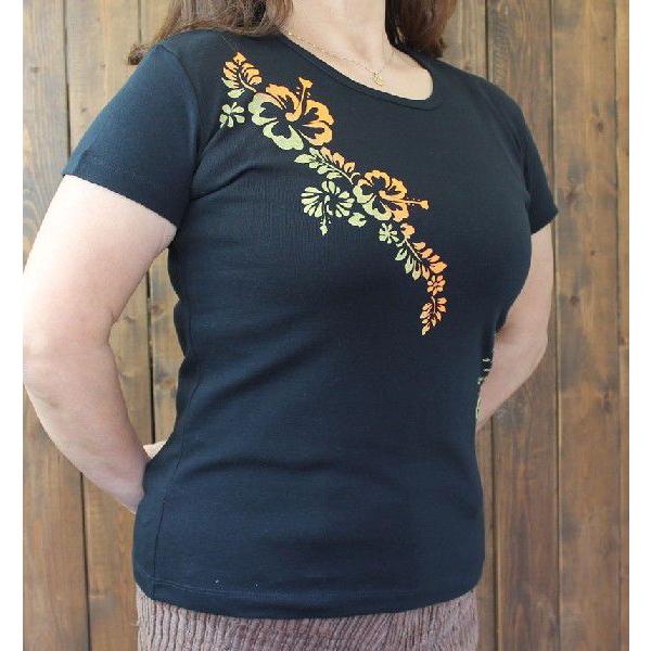 Tシャツ 半袖 レディース ハイビスカス オレンジグラデ柄 S M L XL