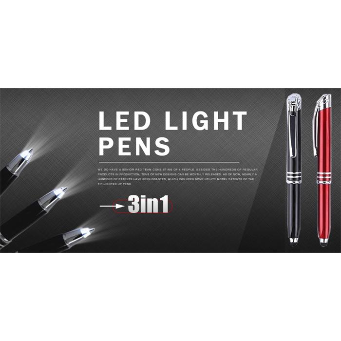 光る ボールペン LED タッチペン 3in1 多機能ペン LED照明ペン