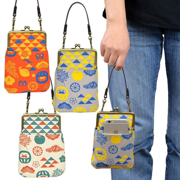 亥之吉 がま口スマホポーチ ふくまねき 持ち手付 がま口 ポーチ スマホ 和モダン 和柄 アイコスケース モバイルポーチ 京都の染め屋オリジナルプリント 福招き 限定特価