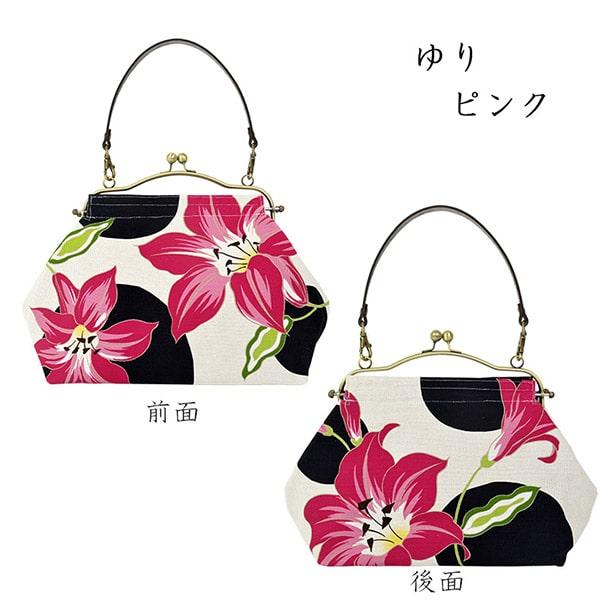 亥之吉 横長ベンリーがま口 牛革持ち手付き ゆり ピンク 百合 花柄