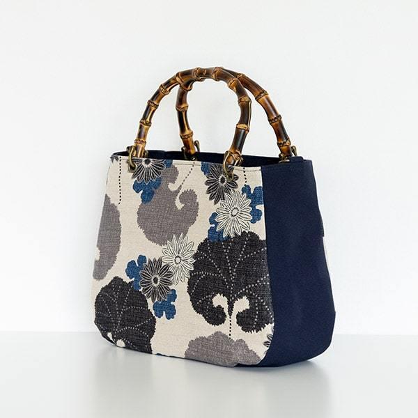 亥之吉 バンブーハンドルバッグ 近江の麻 「つわぶき」石蕗 赤紫