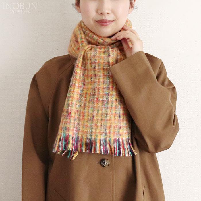マフラー フランス製 細チェック モヘア混 イエロー系 ピエールキ 