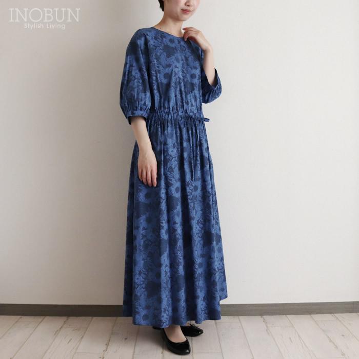 ワンピース イノブン別注 Michel Beaudouin リバティ クルーネックワンピース ブルー系 五分袖 Swim Dunclare/VE サイズ1 ミシェルボードワン | 