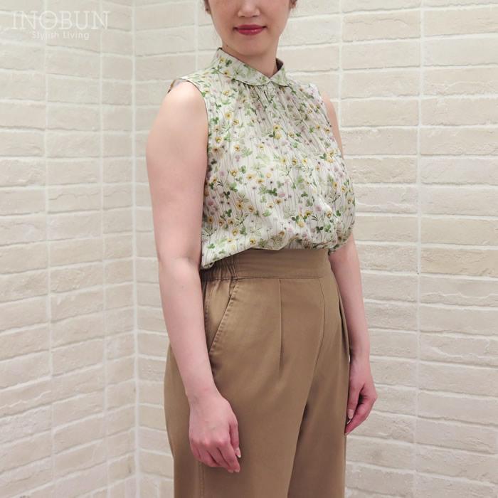 Parkes リバティ ノースリーブラウンドギャザーネックシャツ ブラウス