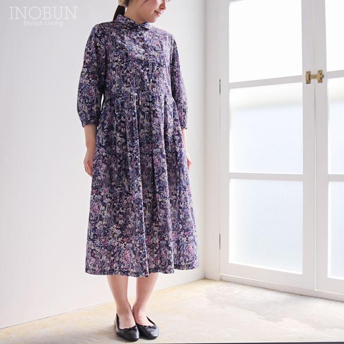 【リバティ】J.Sloane 総柄　ワンピース 七分袖 J.Sloane LIBERTY 衿付きスッキリ見えワンピース Wild Flowers/UE 7分