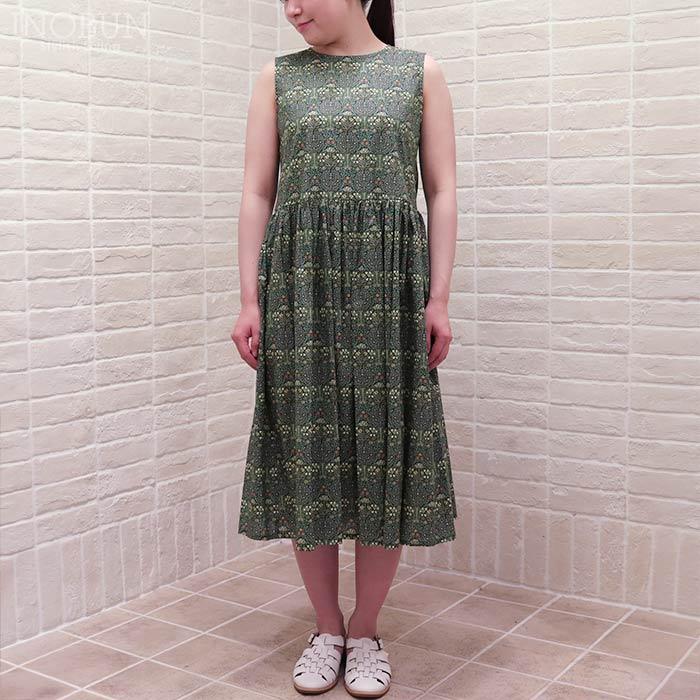 Crespi リバティ ウエスト切り替えギャザーワンピース ノースリーブ