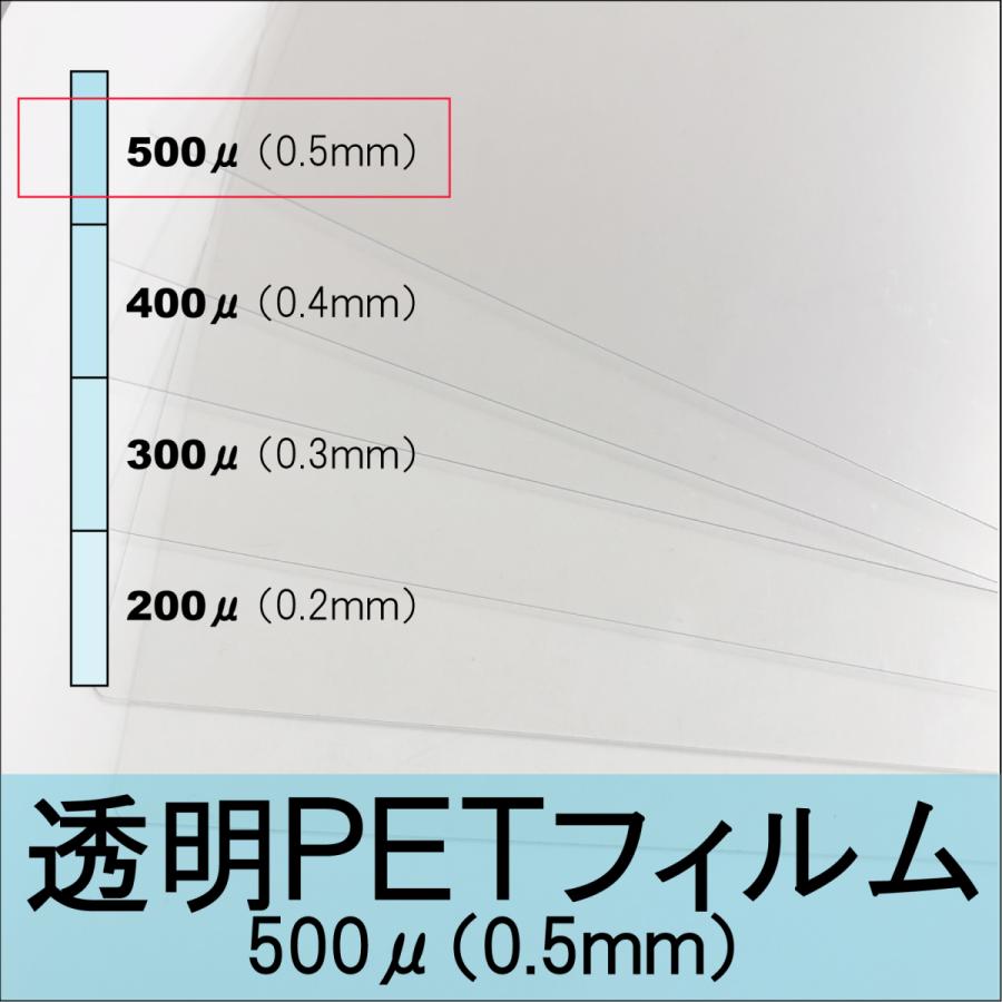 【送料無料】透明ＰＥＴフィルム５００ミクロン　Ａ２サイズ（角丸加工）500枚【受注生産】