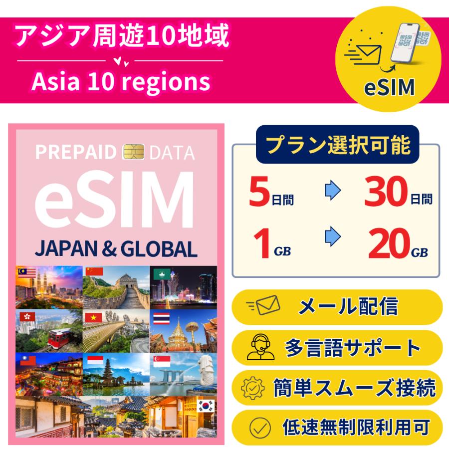 [アジア周遊10地域 eSIM] データ専用 プリペイド 最短即日メール配信 容量 日数選択可 低速無制限付 日本語サポート 利用期限なし 実店舗販売（Yahoo!・イン・プラス株式会社）
